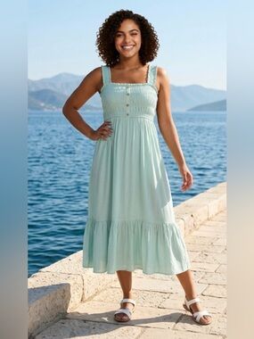 Light Sage Shirred Midi Dress Square Neck Ruffle Sleeve Flowy Feminine